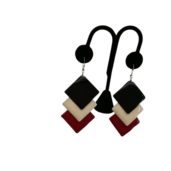 Retro Black Cream Red Enamel Silver Toned Metal Shepherds Hook Dangle Earrings - Picture 5 of 12